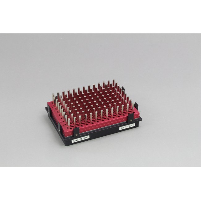 Magnetic Bead Separation Block for 96 deep well microplates, 117 tall square post magnets, vertical magnetic pull, red anodized aluminum magnet frame, SBS footprint, includes high profile Registration Base VP 771G-4RM-1. Each.