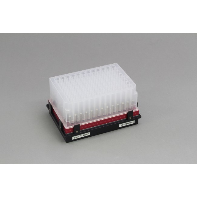 Magnetic Bead Separation Block for 96 deep well microplates, 117 tall square post magnets, vertical magnetic pull, red anodized aluminum magnet frame, SBS footprint, includes high profile Registration Base VP 771G-4RM-1. Each.