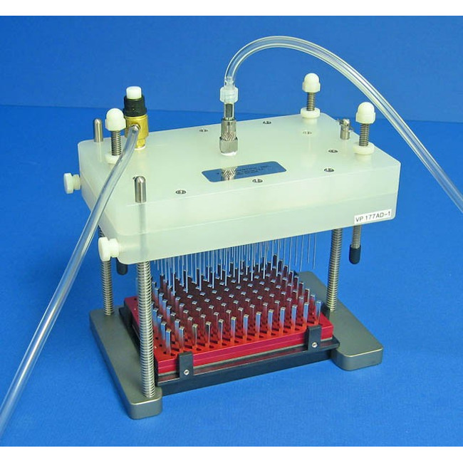 Magnetic Bead Separation Block for 96 deep well microplates, 117 tall square post magnets, vertical magnetic pull, red anodized aluminum magnet frame, SBS footprint, includes high profile Registration Base VP 771G-4RM-1. Each.