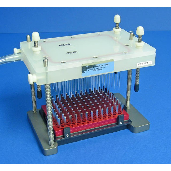 Magnetic Bead Separation Block for 96 deep well microplates, 117 tall square post magnets, vertical magnetic pull, red anodized aluminum magnet frame, SBS footprint, includes high profile Registration Base VP 771G-4RM-1. Each.
